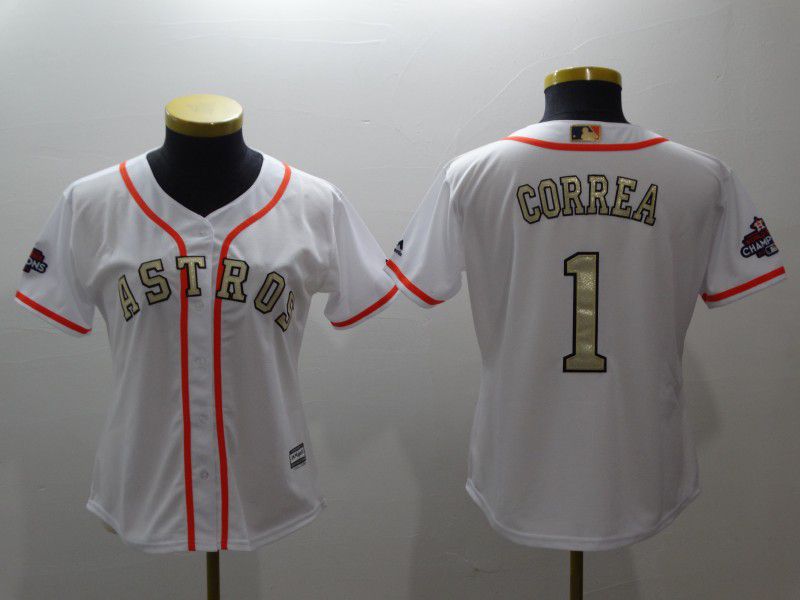 Women Houston Astros #1 Correa White Gold version MLB Jerseys
